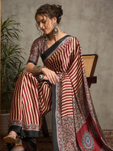 Women's Pure Crepe Maroon Printed Designer Saree With Blouse Piece