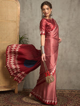 Women's Red Festive Block Print Saree