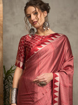 Women's Red Festive Block Print Saree