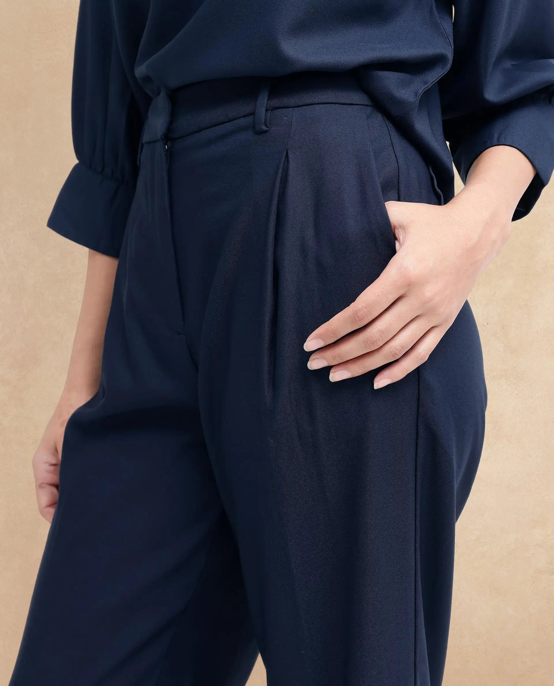 Women's Nuray Navy Cotton Fabric Zipper Closure Solid Regular Fit Trouser