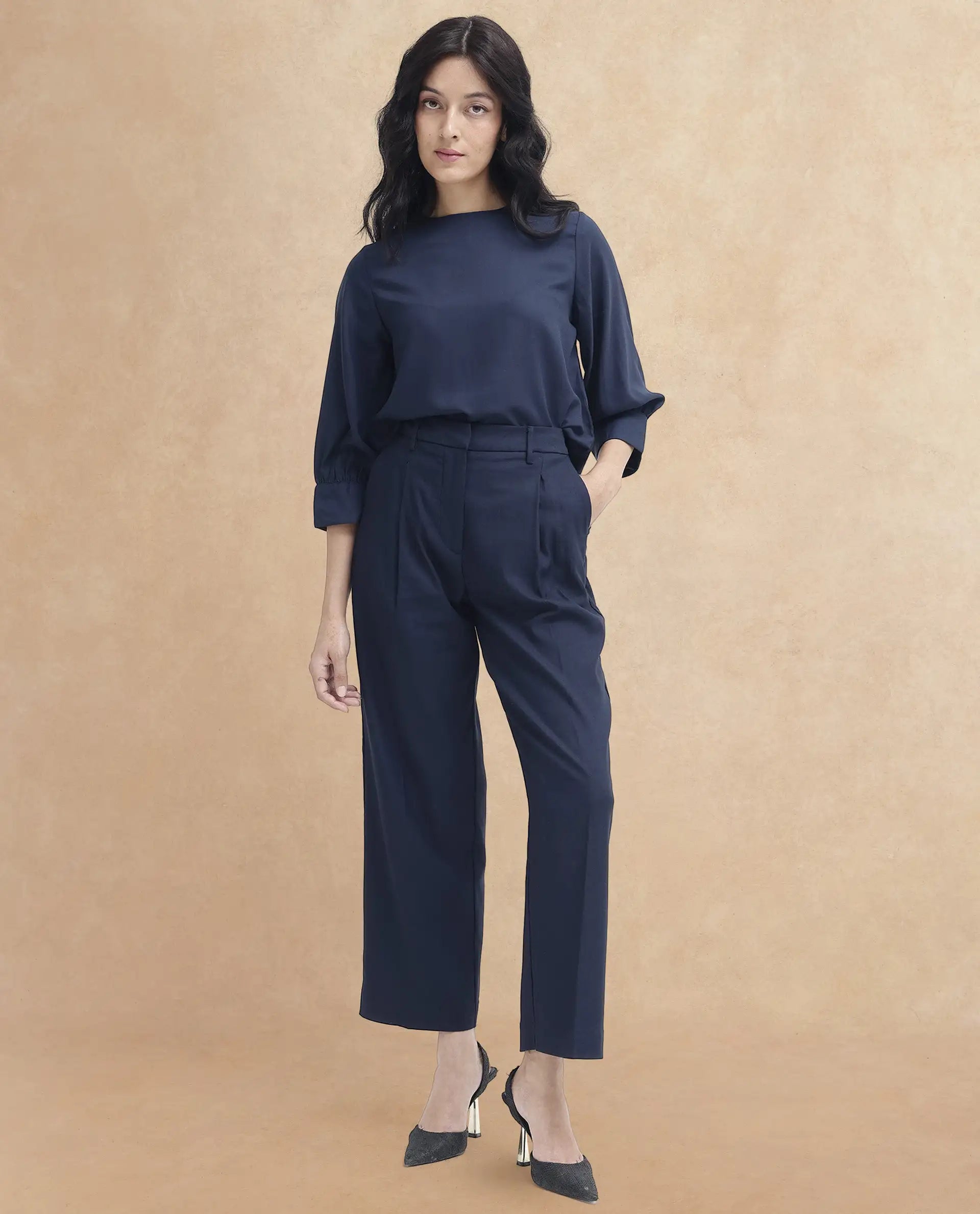 Women's Nuray Navy Cotton Fabric Zipper Closure Solid Regular Fit Trouser