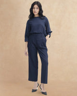 Women's Nuray Navy Cotton Fabric Zipper Closure Solid Regular Fit Trouser