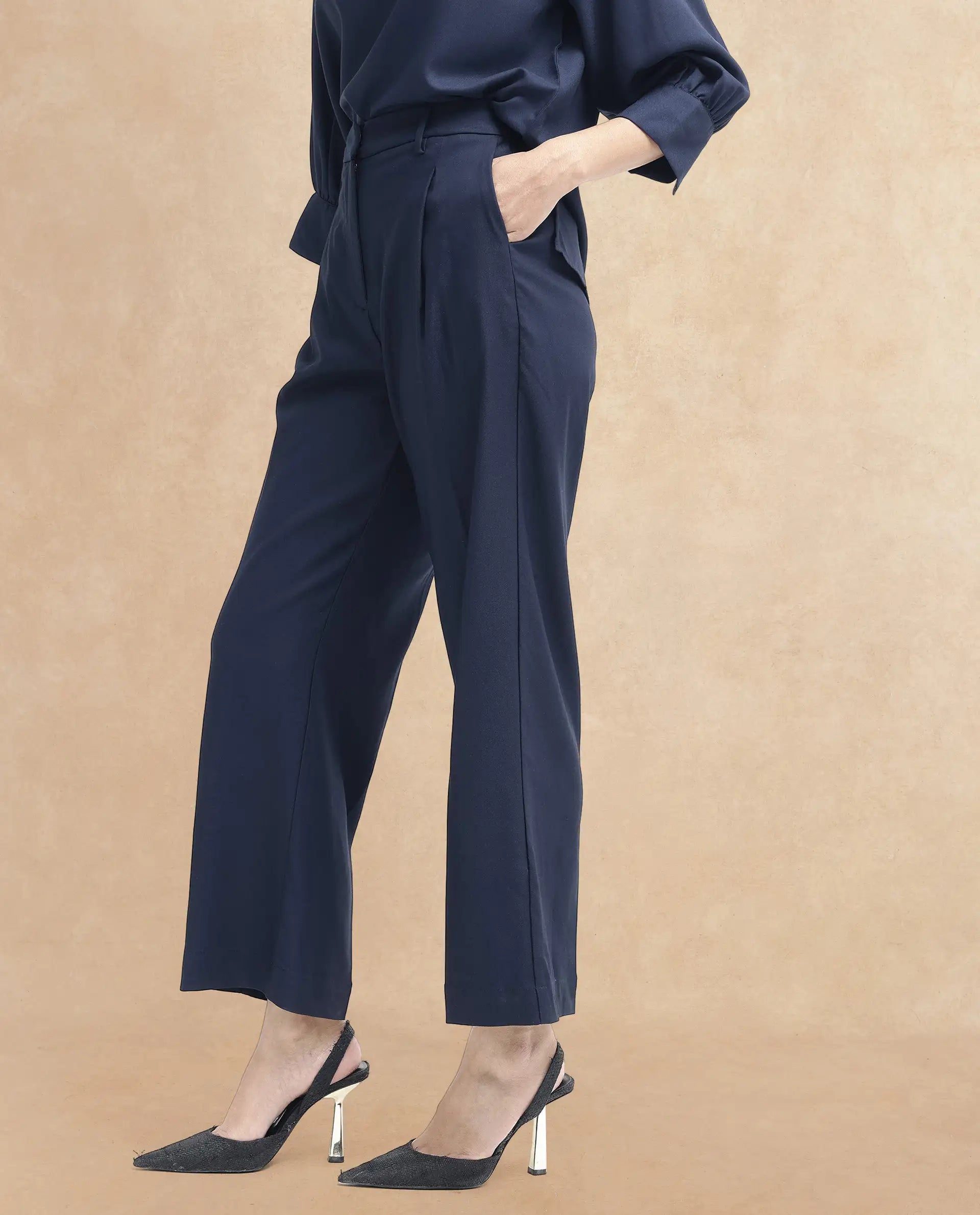 Women's Nuray Navy Cotton Fabric Zipper Closure Solid Regular Fit Trouser