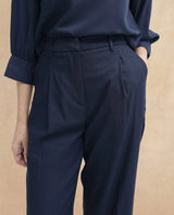 Women's Nuray Navy Cotton Fabric Zipper Closure Solid Regular Fit Trouser