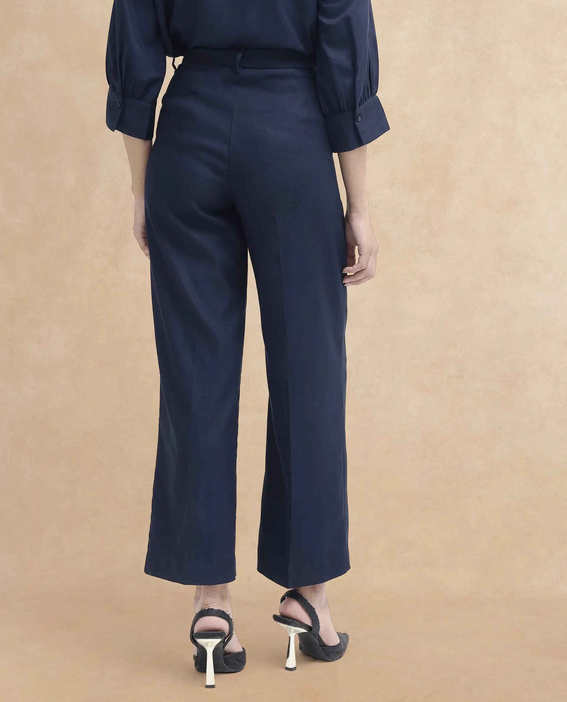 Women's Nuray Navy Cotton Fabric Zipper Closure Solid Regular Fit Trouser