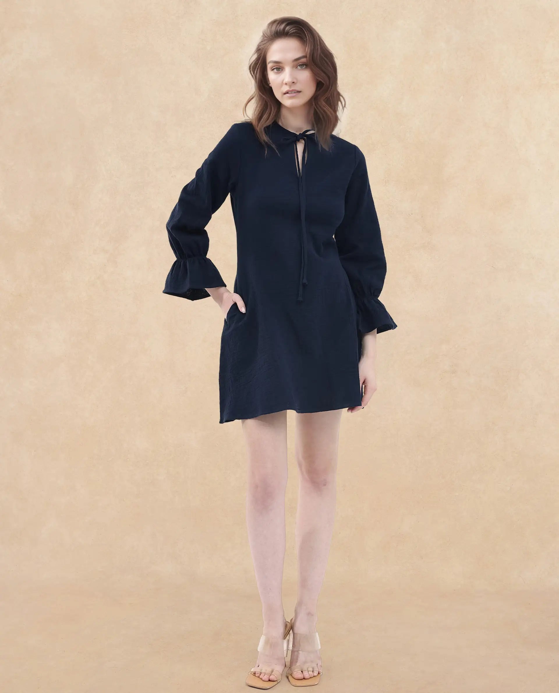 Women's Navy Casual Three Quarter Sleeves Dress