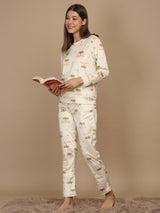 Women's Beige Casual Printed Full Sleeves Night Suit