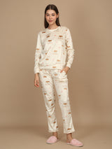 Women's Beige Casual Printed Full Sleeves Night Suit