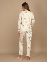 Women's Beige Casual Printed Full Sleeves Night Suit