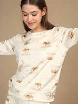 Women's Beige Casual Printed Full Sleeves Night Suit