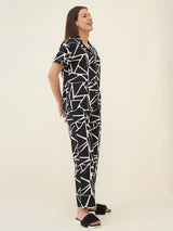 Women's Black Casual Printed Half Sleeves Night Suit