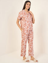 Women's Brown Casual Printed Half Sleeves Night Suit