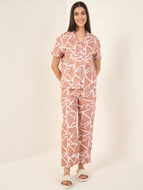 Women's Brown Casual Printed Half Sleeves Night Suit