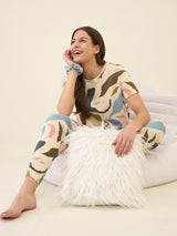 Women's Beige Casual Printed Half Sleeves Night Suit