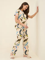 Women's Beige Casual Printed Half Sleeves Night Suit