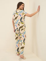 Women's Beige Casual Printed Half Sleeves Night Suit