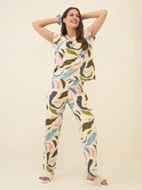 Women's Beige Casual Printed Half Sleeves Night Suit