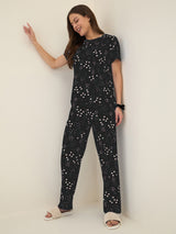 Women's Black Casual Printed Half Sleeves Night Suit