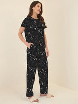 Women's Black Casual Printed Half Sleeves Night Suit