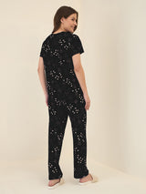 Women's Black Casual Printed Half Sleeves Night Suit