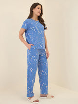 Women's Blue Casual Printed Half Sleeves Night Suit