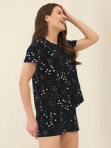 Women's Black Casual Printed Half Sleeves Night Suit