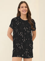 Women's Black Casual Printed Half Sleeves Night Suit