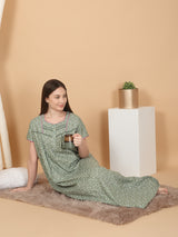 Women's Green Casual Printed Half Sleeves Night Dress