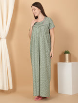 Women's Green Casual Printed Half Sleeves Night Dress