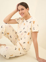 Women's Cream Casual Printed Half Sleeves Night Suit