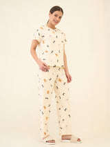 Women's Cream Casual Printed Half Sleeves Night Suit