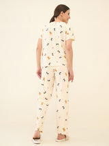 Women's Cream Casual Printed Half Sleeves Night Suit