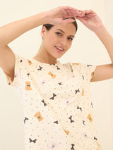 Women's Cream Casual Printed Half Sleeves Night Suit