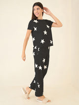 Women's Black Casual Printed Half Sleeves Night Suit