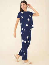 Women's Blue Casual Printed Half Sleeves Night Suit