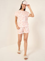 Women's Beige Casual Printed Half Sleeves Night Suit