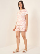 Women's Beige Casual Printed Half Sleeves Night Suit