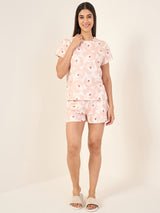 Women's Beige Casual Printed Half Sleeves Night Suit