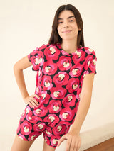 Women's Red Casual Printed Half Sleeves Night Suit