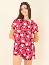 Women's Red Casual Printed Half Sleeves Night Suit