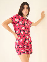 Women's Red Casual Printed Half Sleeves Night Suit