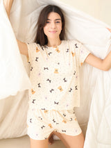 Women's Cream Casual Printed Half Sleeves Night Suit