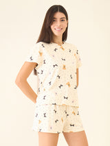 Women's Cream Casual Printed Half Sleeves Night Suit