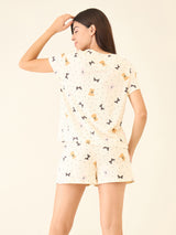 Women's Cream Casual Printed Half Sleeves Night Suit