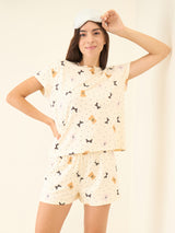 Women's Cream Casual Printed Half Sleeves Night Suit