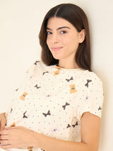 Women's Cream Casual Printed Half Sleeves Night Suit