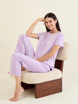 Women's Lavender Casual Printed Half Sleeves Night Suit