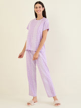 Women's Lavender Casual Printed Half Sleeves Night Suit