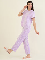 Women's Lavender Casual Printed Half Sleeves Night Suit