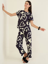 Women's Black Casual Printed Half Sleeves Night Suit